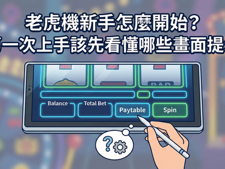 老虎機新手入門封面圖，示意初次上手先看懂介面提示，如餘額、投注金額、賠付表與旋轉按鈕
