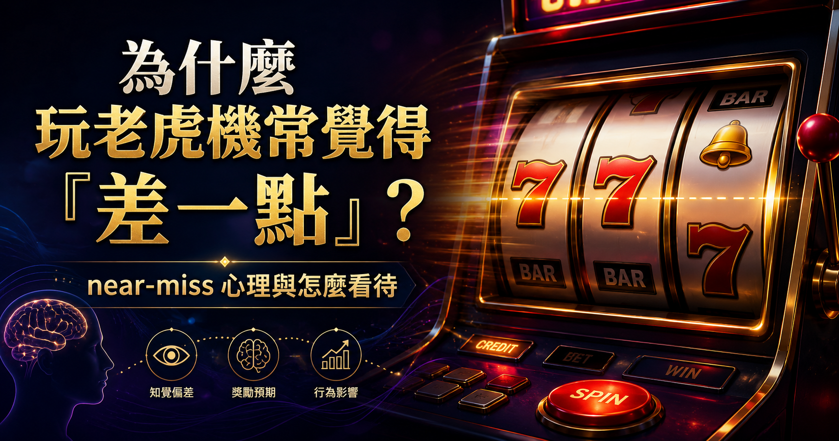 老虎機 near-miss 差一點中獎心理示意圖，解析知覺偏差、獎勵預期與行為影響