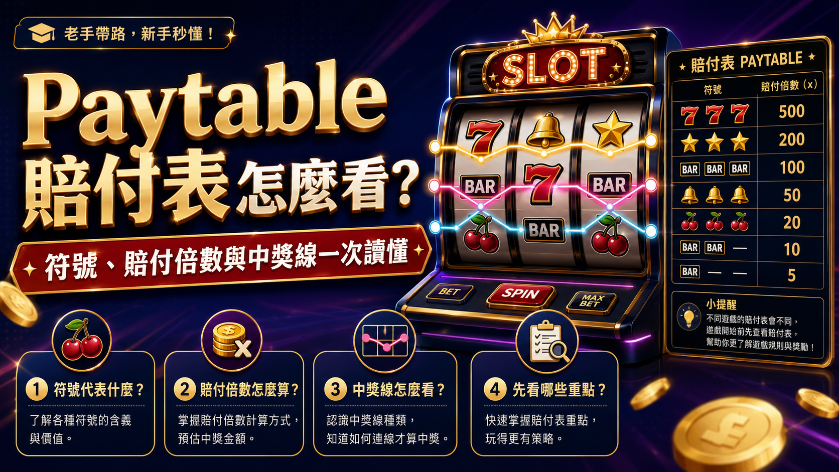 Paytable 賠付表教學示意圖，說明老虎機符號、賠付倍數與中獎線判讀方式
